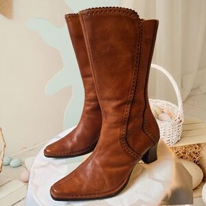 Pikolinos Cognac Leather Mid Calf Boots Block Heel EU 37 (US 6.5–7)